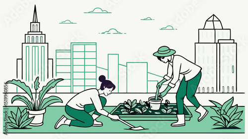 Urban gardening rooftop garden community garden growing vegetables in city sustainable living illustration