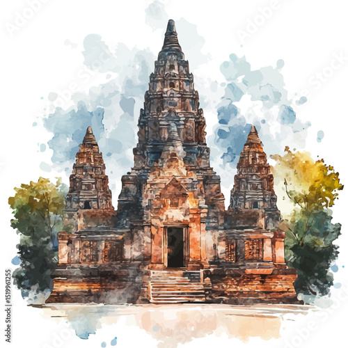 Ancient Temples, watercolor drawing vector, high quality, isolated on a white background.