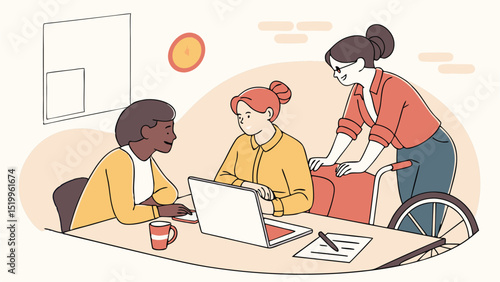 Inclusive workplace illustration: diverse team collaboration and disability inclusion concept design vector