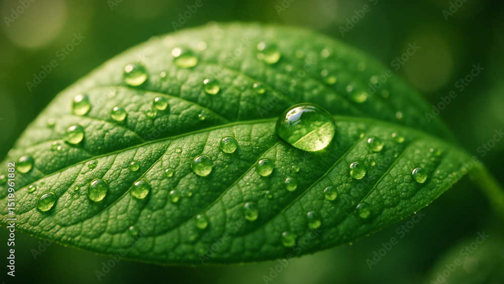 Macro of a green leaf with water droplets and soft natural bokeh Macro of a green leaf with water droplets and soft natural bokeh
