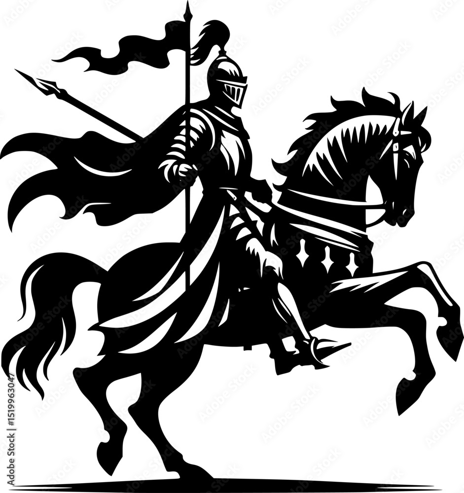 Fototapeta premium minimalist black and white vector of a knight or warrior riding a horse