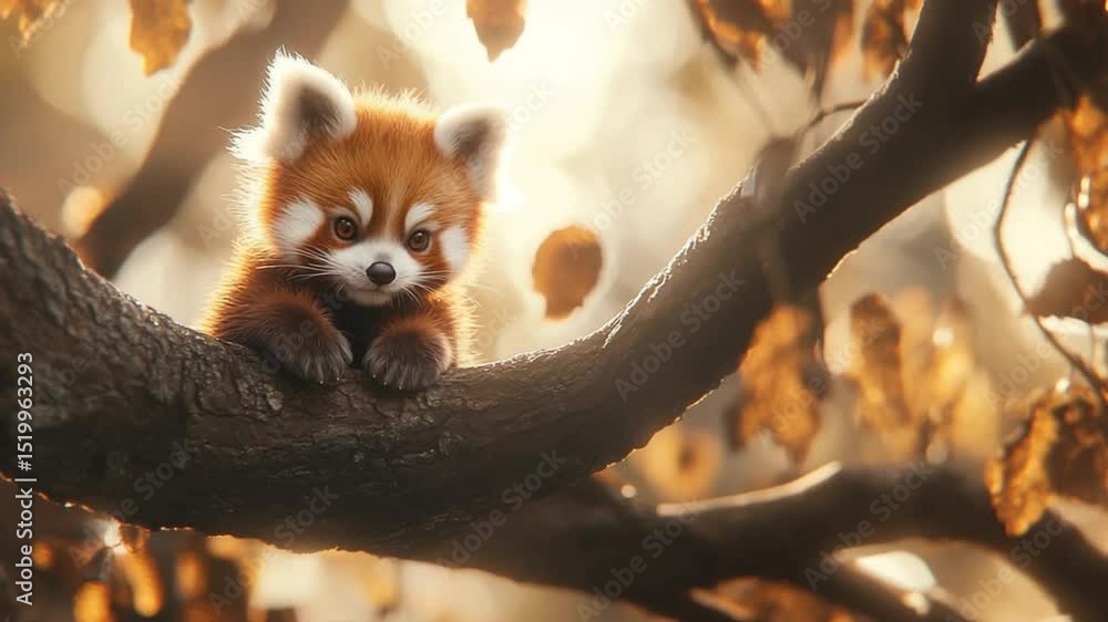 Adorable Baby Red Panda Perched on a Tree Branch in Autumn Sunlight, a Captivating Moment Adorable Baby Red Panda Perched on a Tree Branch in Autumn Sunlight, a Captivating Moment