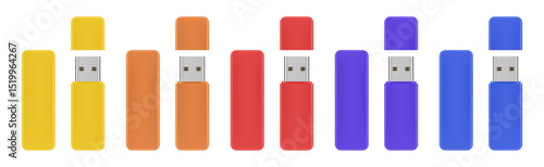 Mockup of usb flash drive. Yellow, orange, red, purple and blue gadgets. Open and closed cap. Storage device	