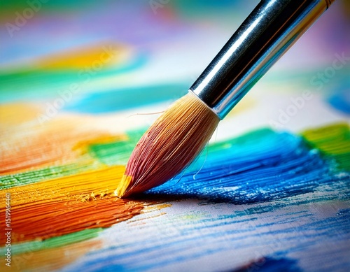 Macro shot of brush tip touching paper with first color stroke