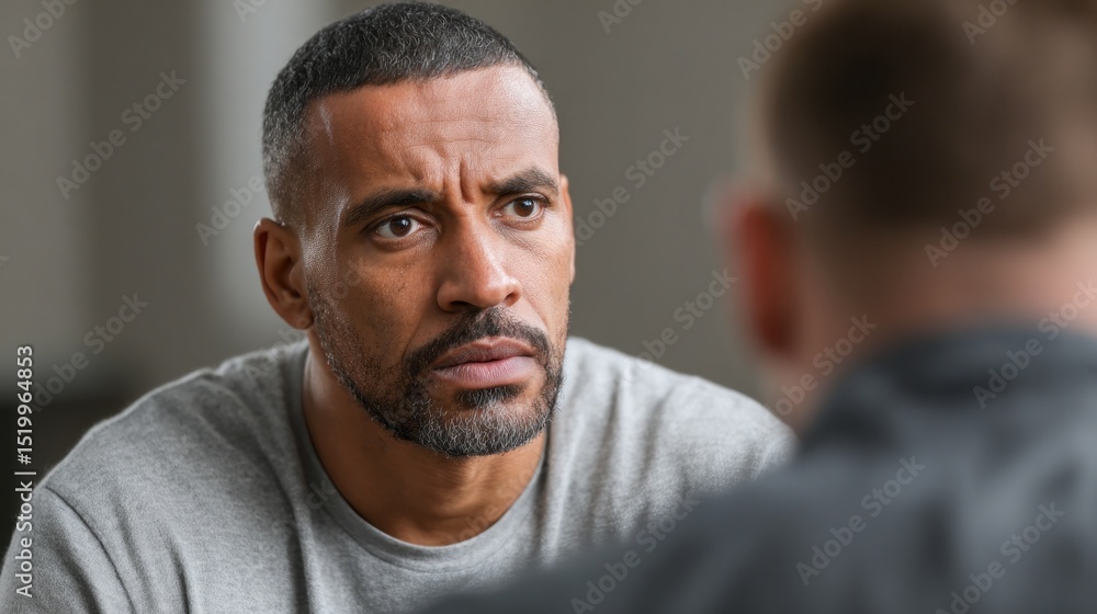 Fototapeta premium Young black man engages in deep conversation with psychologist in a calm and supportive environment during therapy session