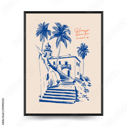 Editable vector poster with summer themes: beach, sea, sun, waves, umbrellas. Minimalist style, easy to customize, ideal for print, decor, and social media.