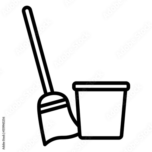besom with stick and pail icon Simple thin line stroke