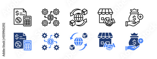 Business integration icon set with Budget, Business Integration, Global Trade, Acquisition and Incentive.