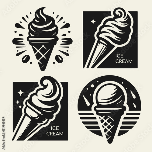 Black and white flat vector logo set with ice cream cones, popsicles, and frozen treats. Retro style branding icons for ice cream shops, gelaterias, and summer dessert businesses.