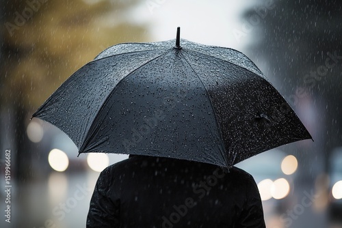 A person is walking in the rain with an umbrella