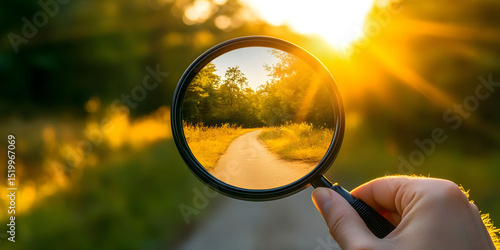 Hand Holding Magnifying Glass Showing a Scenic Sunset Path