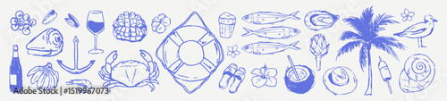 Italian marine drawing set. Hand drawn chalk scribble sketched vector illustrations.Summer sea nautical vacation elements in grunge crayon rough sketch style. Watercolor, charcoal texture for design.