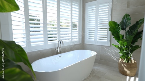 Bright and airy bathroom with white freestanding tub, sunlight streaming through plantation shutters