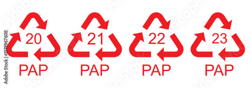 Paper recycling code icon set. recycling codes 20, 21, 22, 23. pap recycling symbols. plastic, recycle, symbol, code, icon.