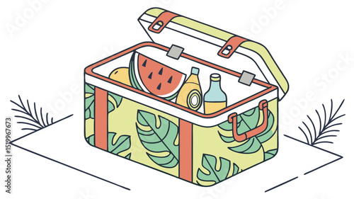 Illustration of picnic basket with watermelon juice and fruits for summer outdoor fun and picnic time vector
