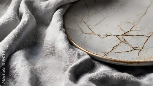Close up of a cracked white plate with gold rim on a gray cloth with soft natural lighting used