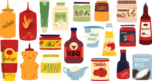 Set of sauces and dressings. Mayonnaise, barbecue, ketchup,mustard, soy sauce, tartar, curry. Various bottles and cans of sauces.