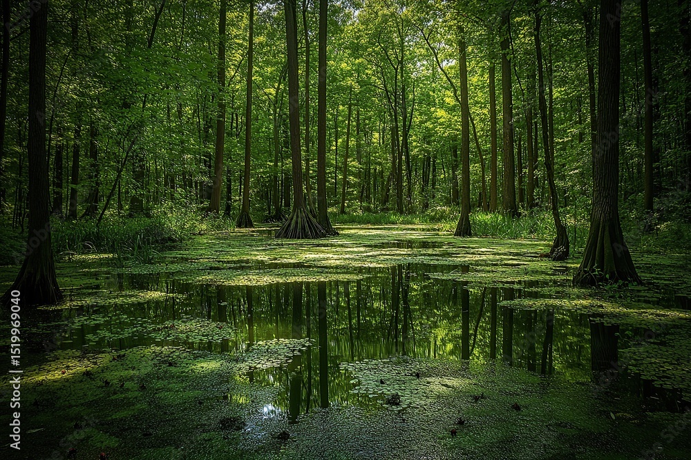 Obraz premium A dense forest of trees with green leaves and a body of water in the middle