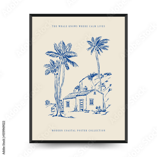 Editable vector poster with summer themes: beach, sea, sun, waves, umbrellas. Minimalist style, easy to customize, ideal for print, decor, and social media.
