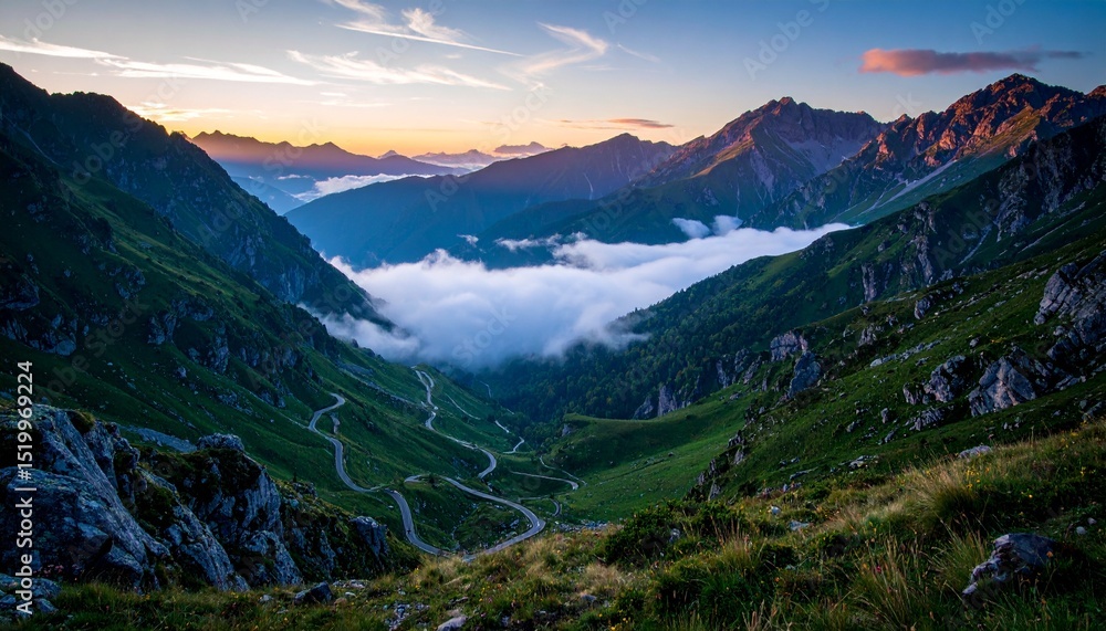 Obraz premium Scenic Mountain Landscape at Sunrise With a Path Leading Through the Valley