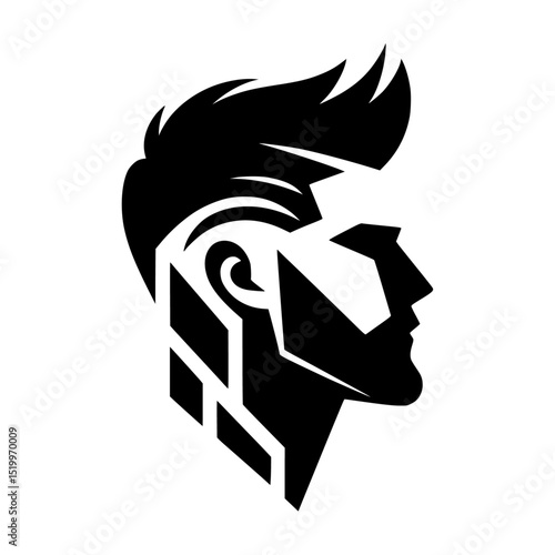 Black silhouette, male profile, stylized haircut, beard, minimalist design 