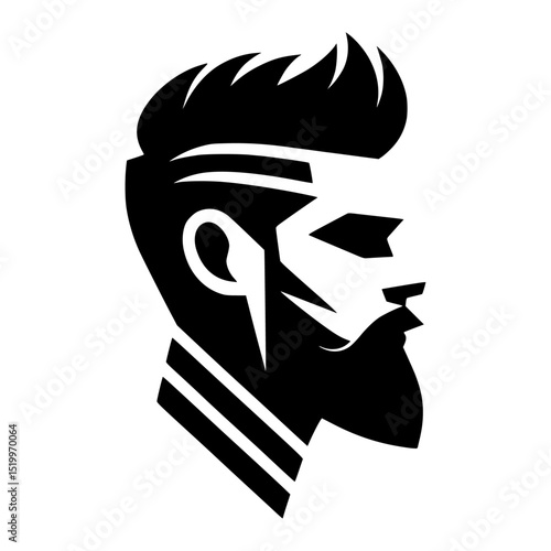 Black silhouette, male profile, stylized haircut, beard, minimalist design 