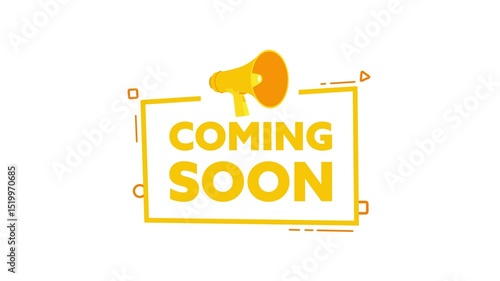Animated coming soon sign with megaphone on white and blue screen
