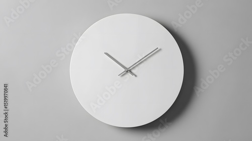 A minimalist white clock with silver hands on a gray wall showing the time in a clean and modern style