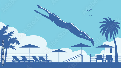 Swimming pool summer vacation resort diver silhouette palm trees blue sky vector illustration design