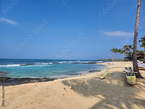Εκτύπωση καμβά a serene tropical landscape, ocean view, palm trees, lush greenery and distant mountains frame the scene, adding depth and contrast