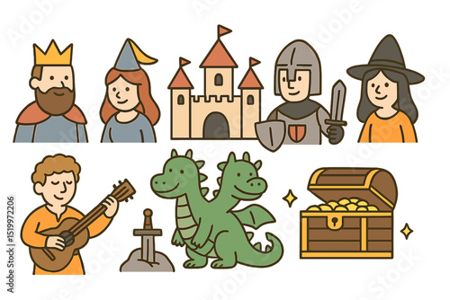 A medieval fairytale or legend inspired gathering of amusing male and female characters, objects, and creatures, set against a white backdrop, presented as a vibrant vector illustration in a flat
