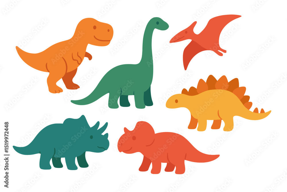 Vector silhouettes of dinosaurs, including T-rex, Brachiosaurus, Pterodactyl, Triceratops, and Stegosaurus, are depicted in a cute flat style and isolated Vector silhouettes of dinosaurs, including T-rex, Brachiosaurus, Pterodactyl, Triceratops, and Stegosaurus, are depicted in a cute flat style and isolated