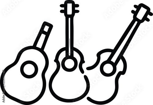 Assortment of black silhouette stringed musical instruments with guitars and banjo design