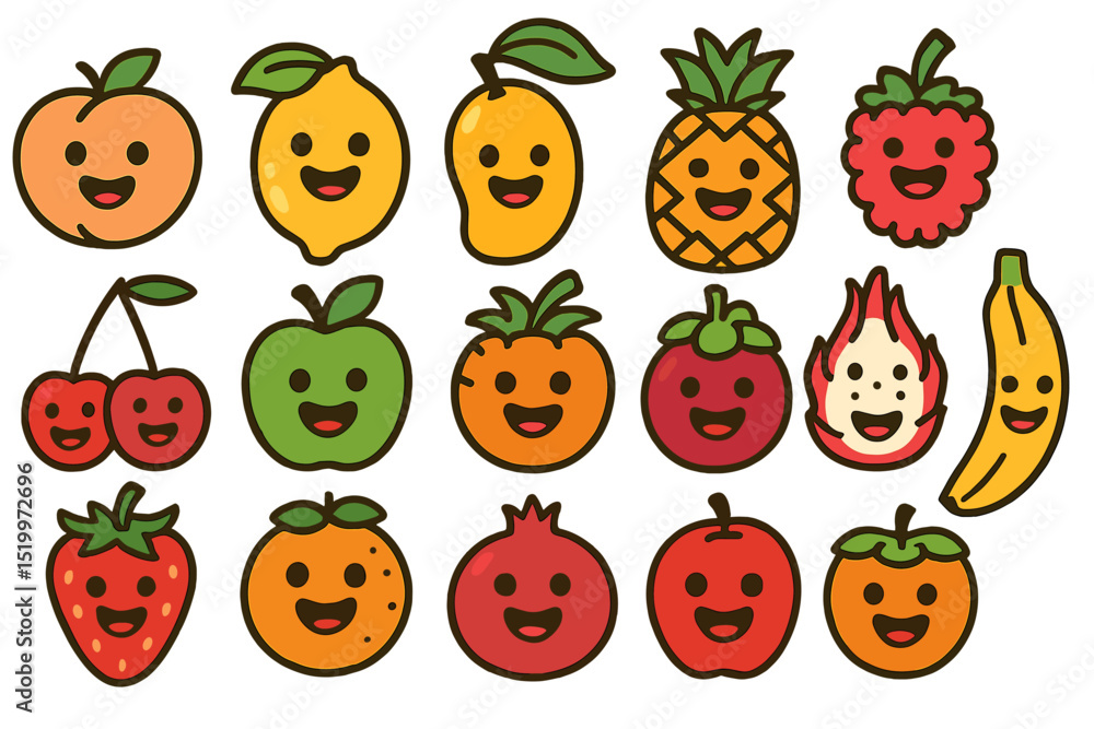 A humorous cartoon collection featuring various fruits, including a smiling peach, lemon, mango, watermelon, cherry, apple, pineapple, raspberry, strawberry, orange, dragon fruit, mangosteen, banana A humorous cartoon collection featuring various fruits, including a smiling peach, lemon, mango, watermelon, cherry, apple, pineapple, raspberry, strawberry, orange, dragon fruit, mangosteen, banana