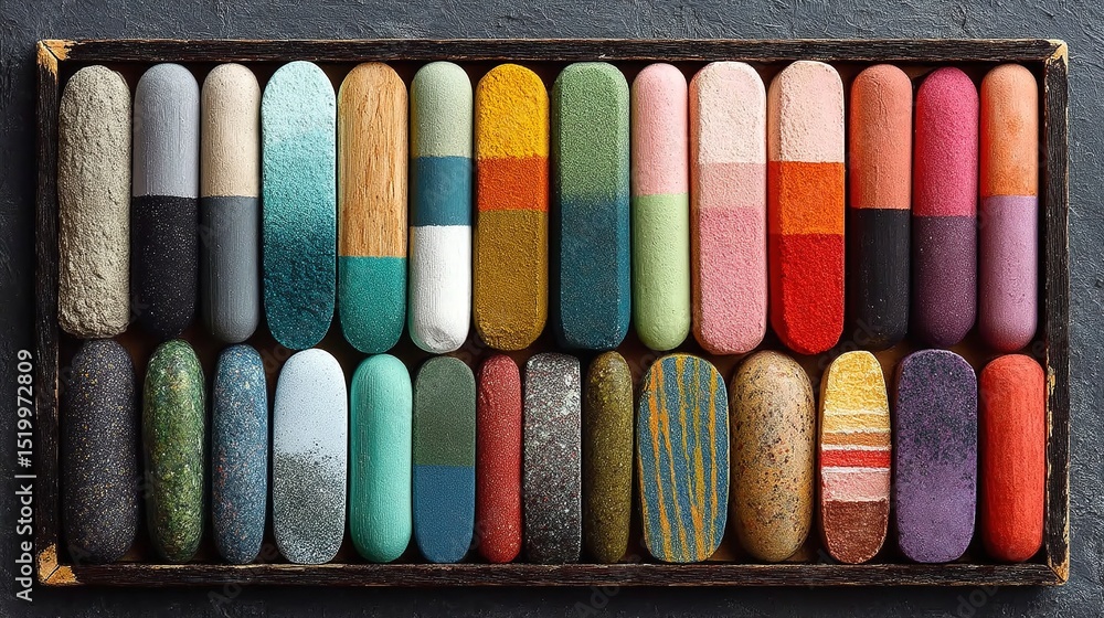 Colorful Pastel Shapes Arranged on a Dark Chalkboard Background Colorful Pastel Shapes Arranged on a Dark Chalkboard Background