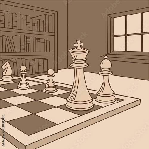 Illustration of a chess board with pieces in a room with a bookshelf