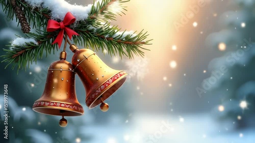 slow motion сhristmas bells adorned with a bow hanging on a snowy pine branch 