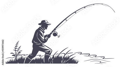 Illustration of fisherman catching fish with fishing rod and reel in river vector graphic design art