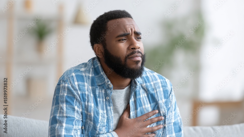 Fototapeta premium Young man experiencing discomfort while sitting in a bright, contemporary living room