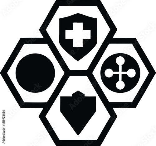 Black silhouette design composed of connected hexagonal shapes with transparency