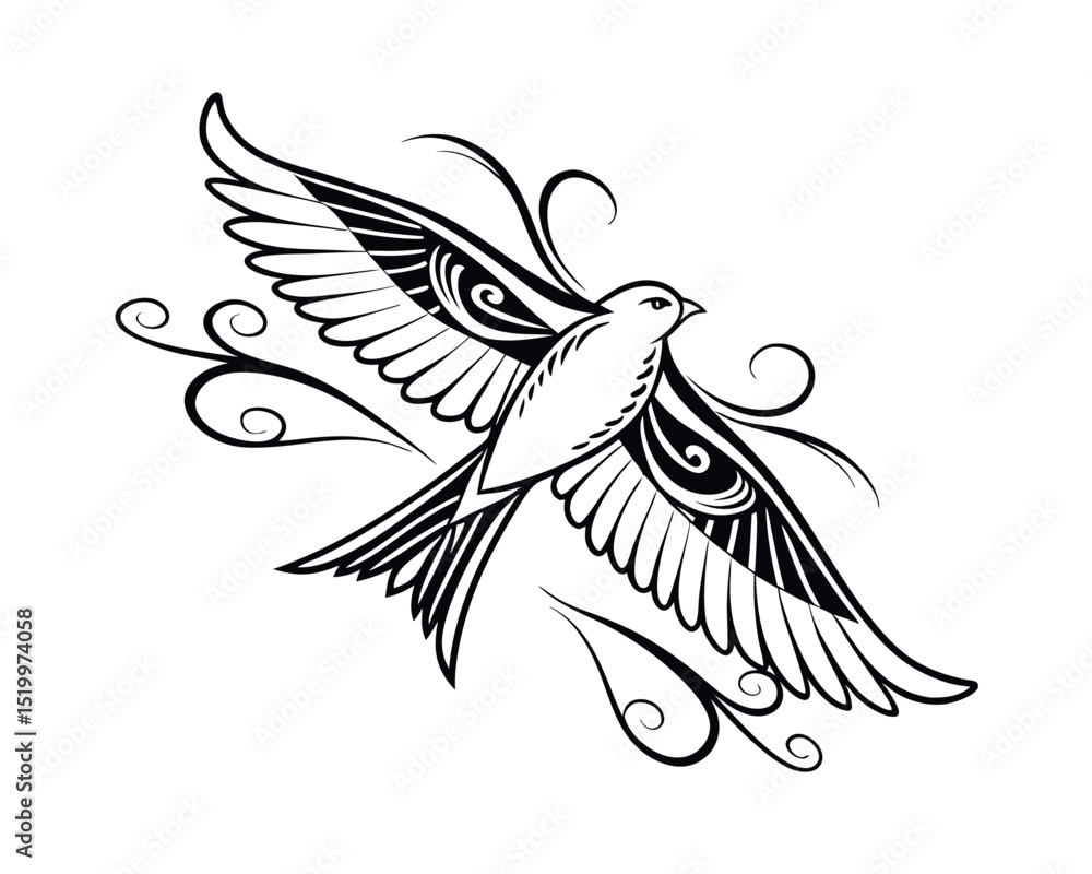 Fototapeta premium Ornate Black and White Bird in Flight Design