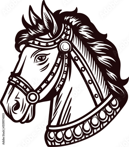 Ornate engraved horse head with bridle in vintage illustration on white background