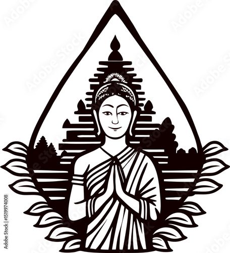 Hand drawn buddha illustration with folded hands in front of a pagoda ornament, surrounded by leaves
