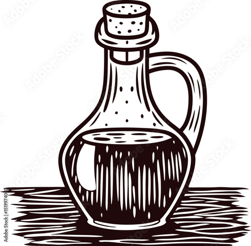 vintage engraved illustration of glass oil cruet with cork stopper and handle on wooden table surface