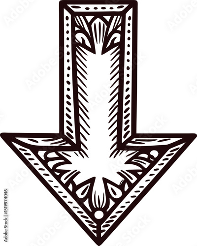 Ornate hand drawn arrow pointing downward with decorative vintage engraving elements on white background