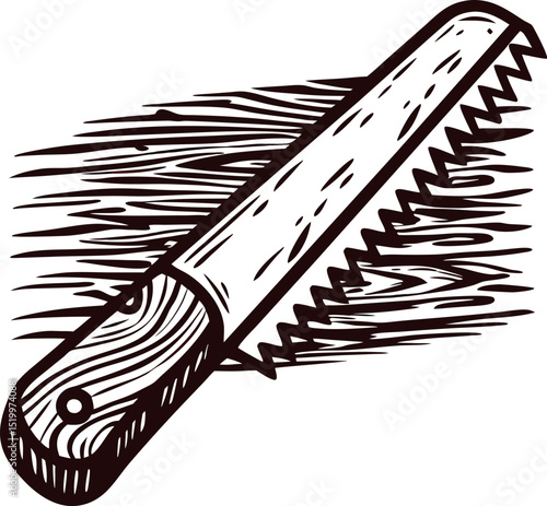 Hand drawn illustration of vintage wooden handle saw cutting through wood in engraving