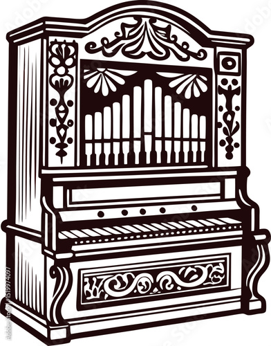 Vintage ornate pipe organ illustration in engraved hand drawn with intricate floral and decorative woodwork details