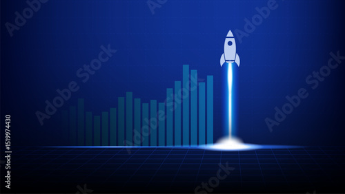 Rocket launching with rising data bar graph