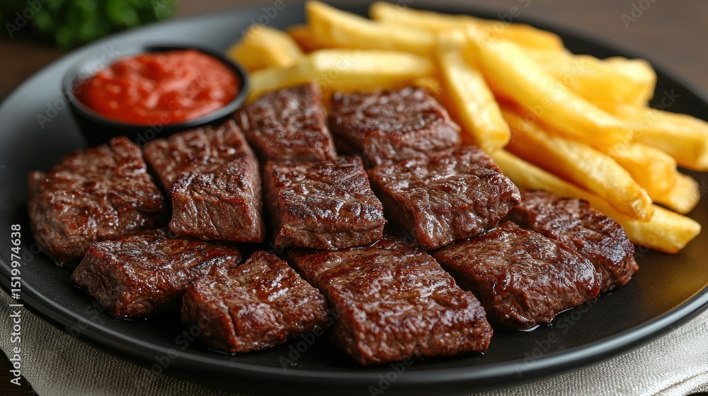 Slices of seasoned beef, golden french fries, and a small bowl of ketchup Slices of seasoned beef, golden french fries, and a small bowl of ketchup