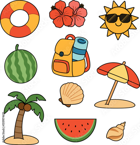 A collection of cartoon-style summer illustrations. Includes a lifebuoy, hibiscus flowers, a sun wearing sunglasses, a backpack, a watermelon, shells, a palm tree, and a beach umbrella.